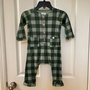 Mud Pie Green Waffle Knit Plaid Check Jumpsuit Romper Boys Size 12-18 Months NWT